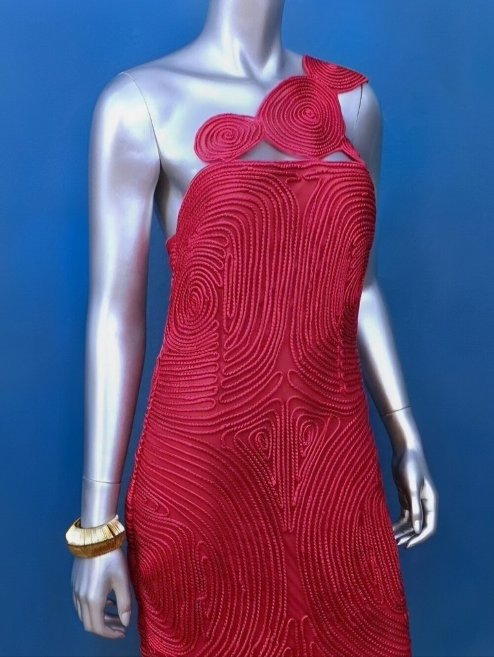 🆕️🔴ARRANGE Embroidered Satin One Shoulder Maxi Dress w/ Cutwork Design / (NWT) - Picture 5 of 13